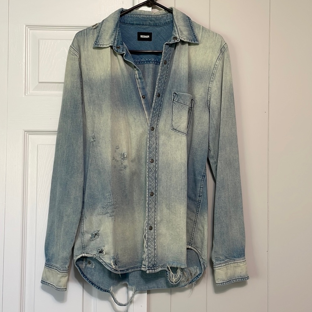 Distressed medium Hudson button down denim shirt 100% cotton